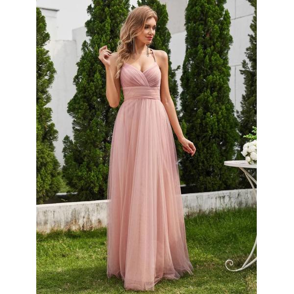 Lace Back Cross-strap V-neck Spaghetti Strap Empire A-line Pleated Sleeveless Pink Tulle Bridesmaid Dress