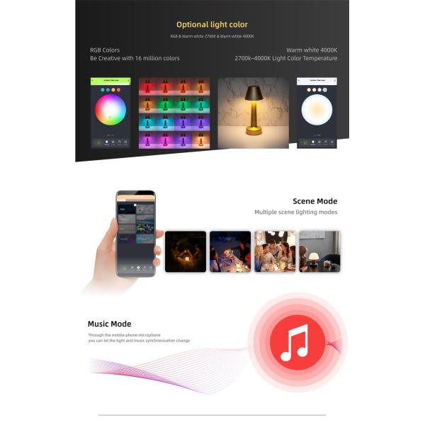 Phonecontrol Rechargeable Table Lamp, RGBW Portable Night Light for Living Rooms, Bedrooms and Camping