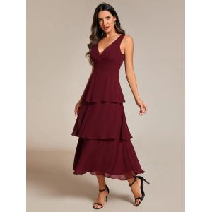 Beautiful Multi-layered Hem V-neck Sleeveless A-line Burgundy Chiffon Wedding