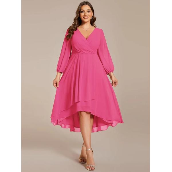 Plus Size Ruffled A-line Long Sleeve V-neck High Low Wedding Guest Hot Pink Chiffon Homecoming Dress
