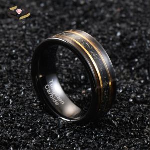 8mm Tungsten Carbide Ring with Gold Line Whiskey Barrel Wood and Meteorite Inlay