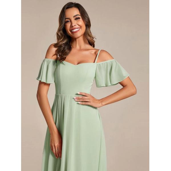 Empire Off-shoulder Spaghetti Strap Zipper High-low Wedding Guest Dresses Short Sleeves Mint Green Chiffon Graduation Dr