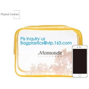 Trendy transparent PVC makeup bag with nylon handle, pvc hanging travel cosmetic