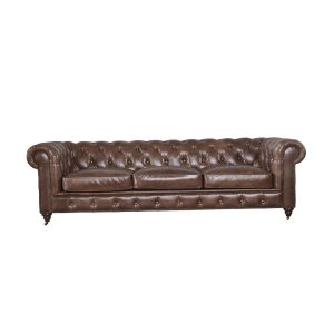 Quality Rolled Arms Three Seater Brown Leather Sofa , 100 Genuine Leather Couch Home Furniture for sale