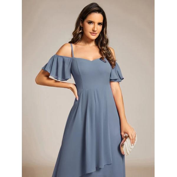 Empire Off-shoulder Spaghetti Strap Zipper High-low Wedding Guest Dresses Short Sleeves Dusty Navy Chiffon Evening Dress