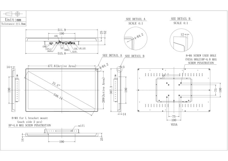 1280×800 Industrial Touchscreen Computer , 21.5 Inch AIO Touchscreen PC