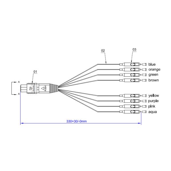 MTP Trunk Cable 9 / 125μm 8F MTP Male - LC UPC 0.9mm Fiber Optic Patch Cable 30cm SM LSZH Elite Type A