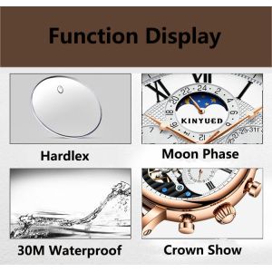 KINYUED moon phase skeleton watch tourbillon mens automatic mechanical watch