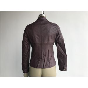 Burgundy Pu Leather Coat / Biker Jacket With Triple Stitching Tw77492