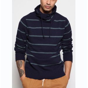 Warm Striped Knit Pullover Sweater With Drawstring Full Lambswool Material