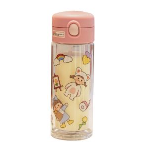 One Touch Click Open Double Wall Insulation Glass Water Bottles With Straw