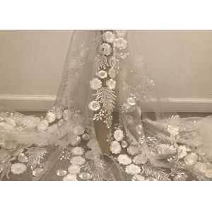 Off White Mesh 3D Flower Embroidery Beaded Lace Fabric 50" Wide 1 Yard
