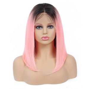 1B / Pink 100% Brazilian Virgin Hair / Short Straight Lace Frontal Bob Wigs