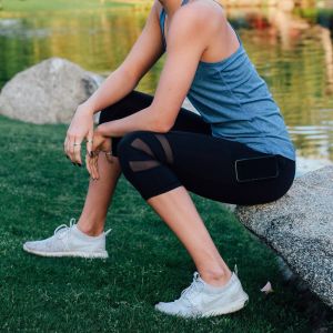 Cropped running leggings side pocket three-piece mesh yoga pants