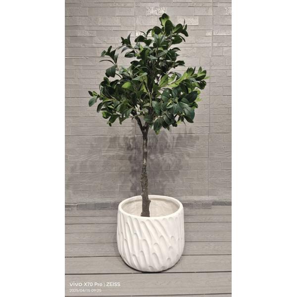 Curved Flowing Ocean Breeze Pattern White Round Fiber Clay Planter Garden Landscaping