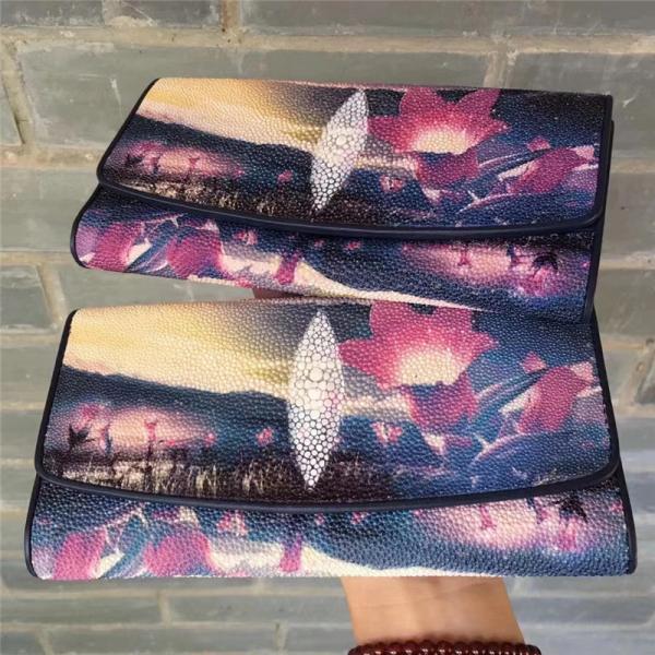Authentic Exotic Stingray Skin Women's Long Wallet Genuine Leather Lady Floral Clutch Purse Female Large Card Holders