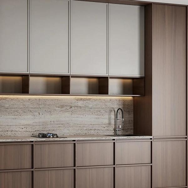 Luxury Modern Wood Door Material Skeleton Line Wood Grain Kitchen Cabinets For Villa