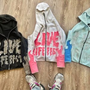 Quality Streetwear Distressed Applique Embroidery Hoodie Cut Edge Distressed Cropped Hoodie for sale
