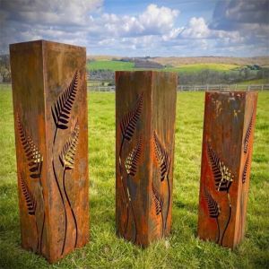 Contemporary Yard Art Rusty Metal Lighting Box Ccorten Steel Column Sculpture