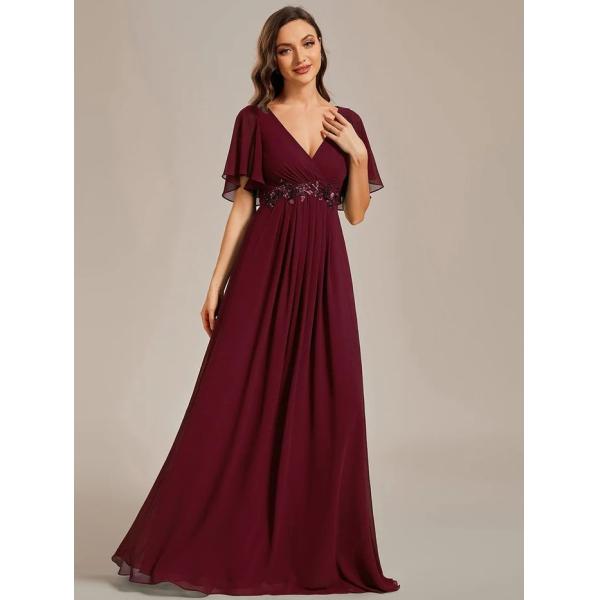 Sexy Empire Applique A-line Short Flutter Sleeves V-neck Invisible Zipper Burgundy Chiffon Prom Dress