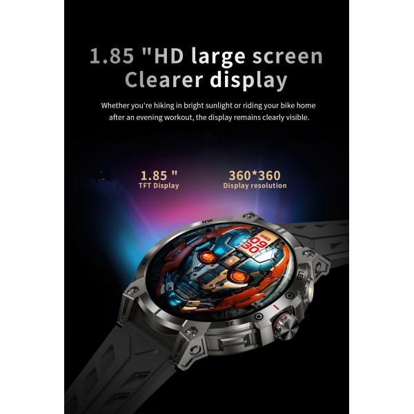 1.85" Rugged Smart Watch Touch Screen Bluetooth Calling Flashlight Compass