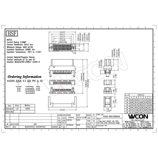 1.27mm scsi connector idc-type mating with 6320D scsi 68 pin connector phosphor bronze