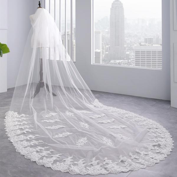 Elegant Customized Two Layers Appliqued Lace 3.5m Tulle Bridal Wedding White Veil With Hair Comb