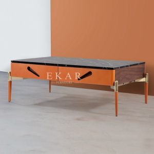 Wooden Stainless Rectangle Marble Coffee Table With 2 Drawers