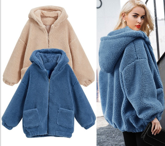 Buy Womens Autumn Winter DTM Hooded Open Front Lamb Wool Coat at wholesale prices