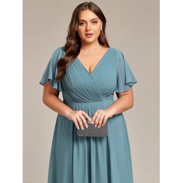 Chic V-neck High-low Short Flutter Sleeves A-line Ruffles Midi Invisible Zipper Dusty Blue Chiffon Guest Cocktail Dress