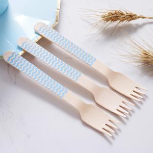 Eco Friendly Blue Stripe Compostable Cutlery Wooden Tableware Party Utensils