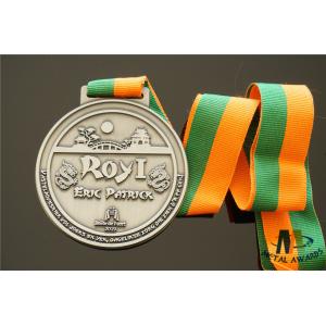 Personalized Dragon Engraved Medals Antique Silver Plated With Woven Ribbon