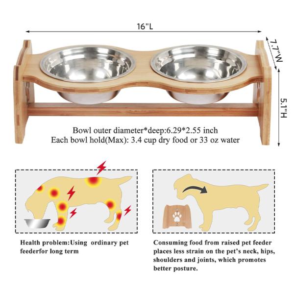 3l Capacity Raised and Elevated Bamboo Pet Feeder with Adjustable Bowls