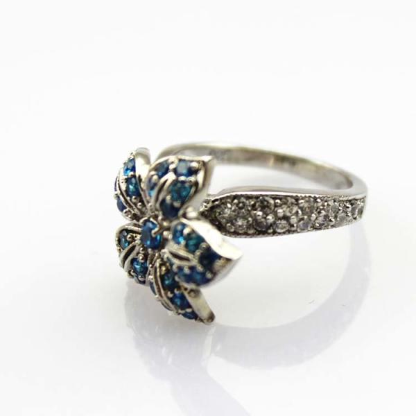 Women Jewelry Flower Design Sterling Silver Pave Blue Cubic Zirconia Ring (S-RJ344)