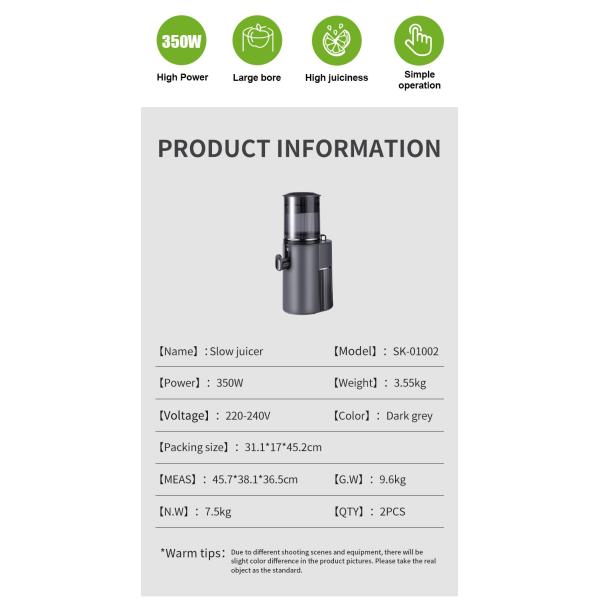 350W Slow Juicer Automatic Big Mouth Cold Press Juicer Machine for Commercial Household