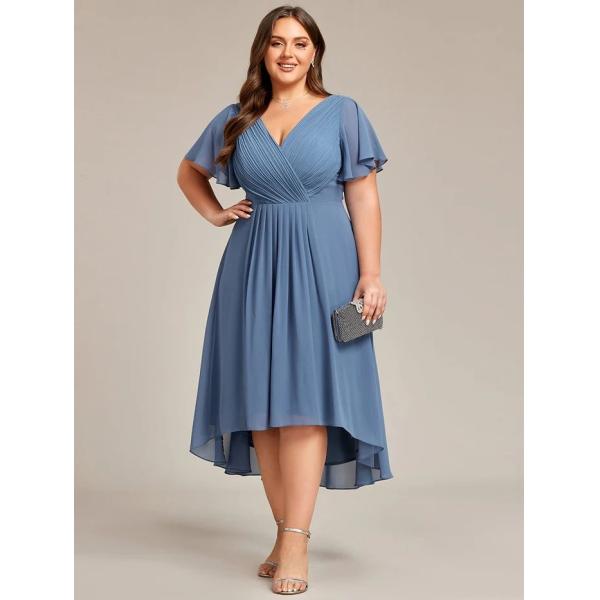 Chic V-neck High-low Short Flutter Sleeves A-line Ruffles Midi Invisible Zipper Dusty Navy Chiffon Wedding Evening Dress