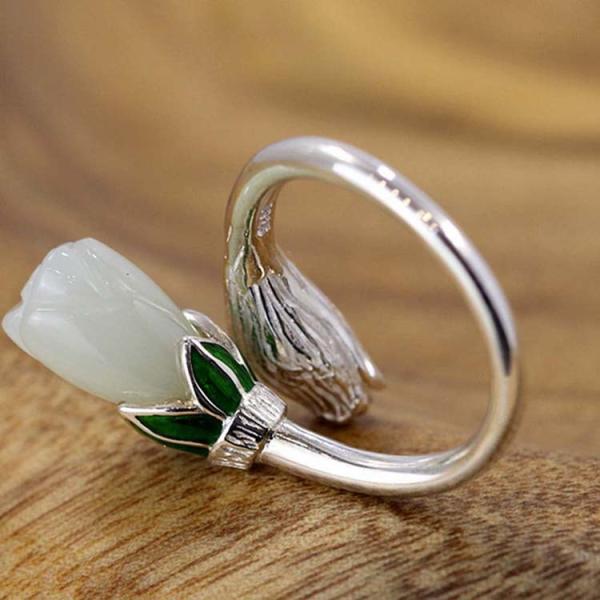 Adjustable Retro Enamel 925 Sterling Silver Natural Hetian Jade Ring (R1706191)