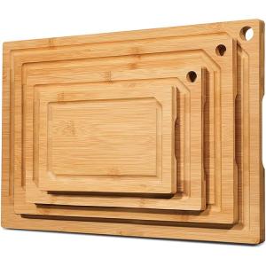 Deep Juice Groove Bamboo Wood Cutting Board Set with Side Handles for Cheese and Food Chopping Rectangle Middle 300x250x