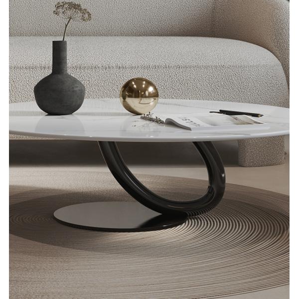Circular Living Room Coffee Table Marble White Counter Top Black Base