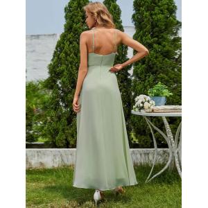 Chic Sleeveless V-neck Spaghetti Strap A-line Pink Chiffon Bridesmaid Dress With