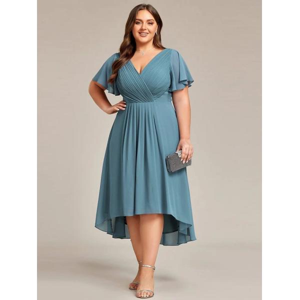 Chic V-neck High-low Short Flutter Sleeves A-line Ruffles Midi Invisible Zipper Dusty Blue Chiffon Guest Cocktail Dress