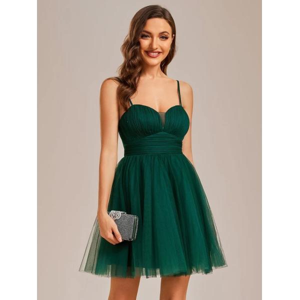 Sexy Spaghetti Strap A-line Short Mini Dark Green Tulle Cocktail Dress