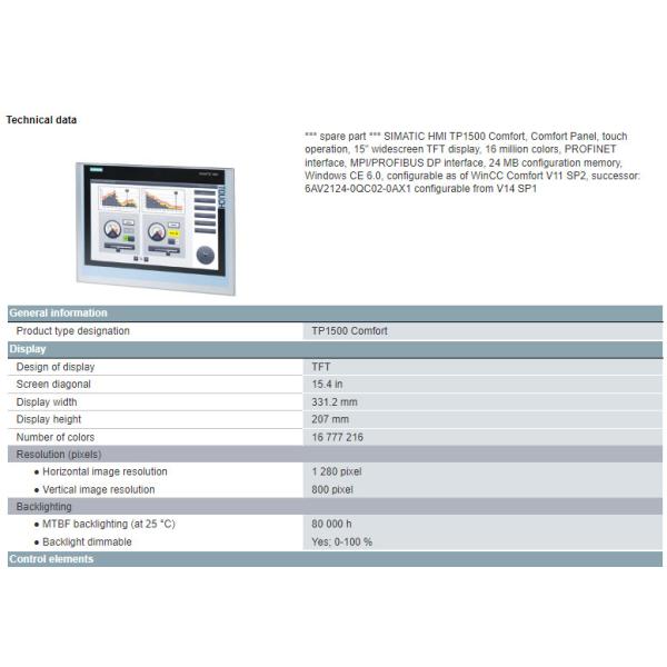 6AV2124-0QC02-0AX0 SIMATIC HMI Siemens TP1500 Comfort Panel 15" Widescreen TFT Display