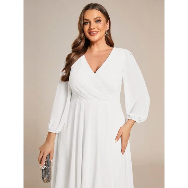 Elegant Empire Long Sleeve V-neck High Low A-line Ruffled Midi White Chiffon Wedding Guest Graduation Dress