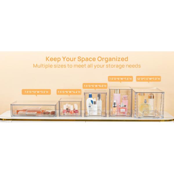 Stackable Storage Drawers,Acrylic Bathroom Makeup Organizer,Plastic Storage Bins For Vanity, Undersink, Kitchen Cabinets, Pantry, Home Organization