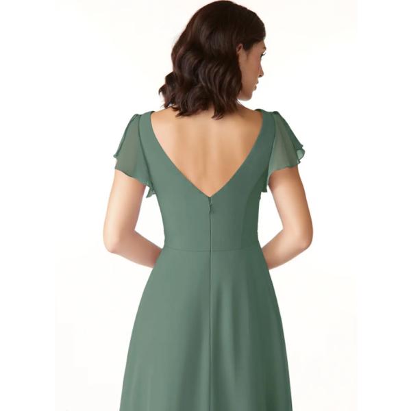 Hot Sale Factory Custom-made Chiffon Long Evening Dress A-Line Princess V-Neck Ruched V back Cap Sleeve