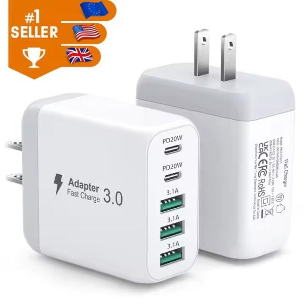 USB Wall Charger 50W Fast USB C Charging Blocks 2USB C+3USB A Portable Type C