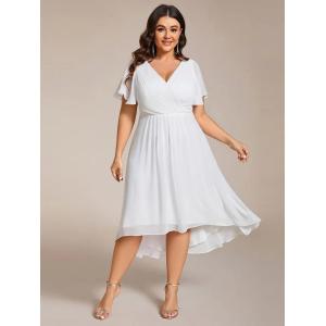 Quality Empire Plus Size V-neck High-low A-line Short Sleeve Ruffled White Chiffon Wedding Guest Graduation Dress for sale