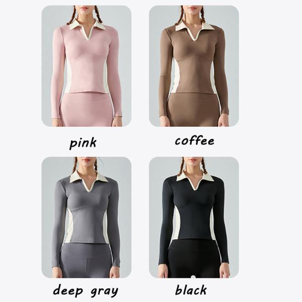 Color Contrast Long Sleeve Polo Shirts Ladies Equestrian Top High Density