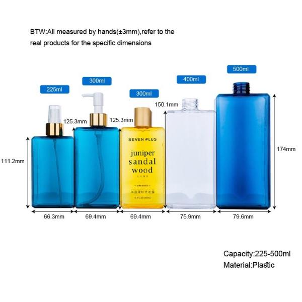225/300/400/500ml Blue/yellow/white plastic Rectangle smooth bottle with white pump for shampoo lotion bottle